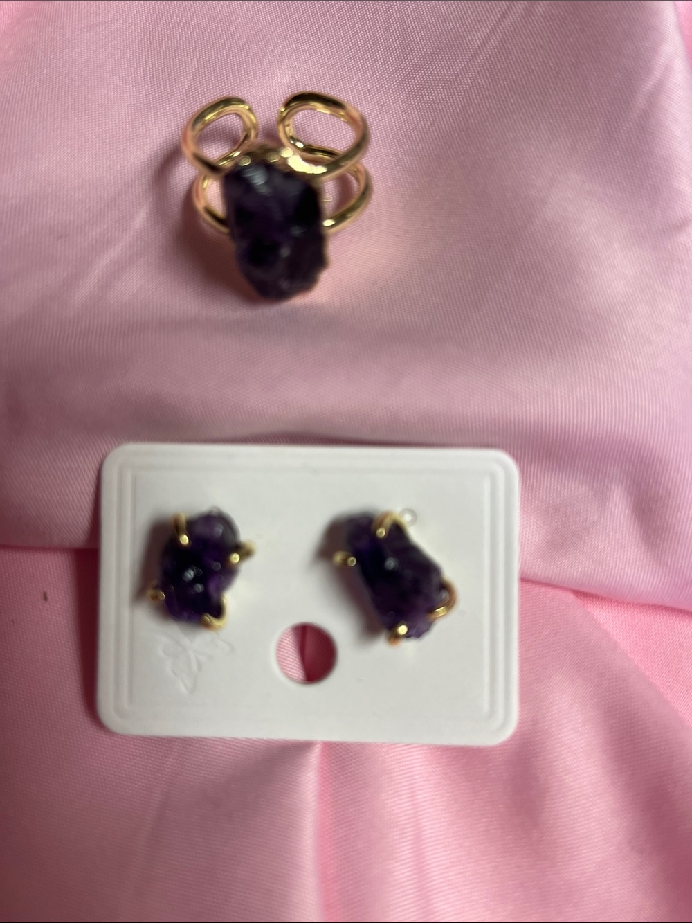 Gold Plated Amethyst Stone Ring and Stud Earrings Set - Purple